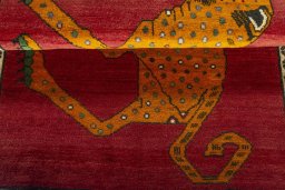 Full view of 2000s Persian Gabbeh rug from Iran / Persia, 155 × 107 cm in Red tones