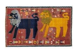 Full view of 2000s Persian Gabbeh rug from Iran / Persia, 183 × 111 cm in Red tones