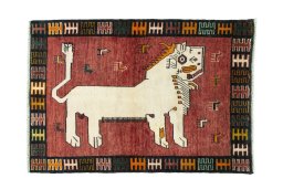 Full view of 2000s Persian Gabbeh rug from Iran / Persia, 153 × 107 cm in Red tones