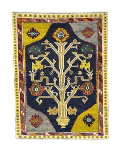 Full view of 2000s Persian Gabbeh rug from Iran / Persia, 140 × 107 cm in Blue tones