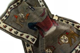 Corner detail of New Persian Gabbeh rug showing border pattern and Wool pile