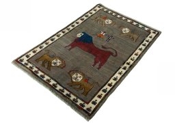Corner detail of New Persian Gabbeh rug showing border pattern and Wool pile