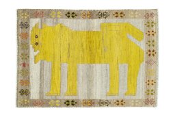 Full view of 2000s Persian Gabbeh rug from Iran / Persia, 151 × 105 cm in Beige tones