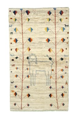 Full view of 2000s Persian Gabbeh rug from Iran / Persia, 188 × 111 cm in Beige tones