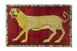 Full view of 2000s Persian Gabbeh rug from Iran / Persia, 153 × 100 cm in Red tones