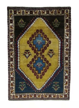 Full view of 2000s Persian Gabbeh rug from Iran / Persia, 160 × 109 cm in Yellow tones
