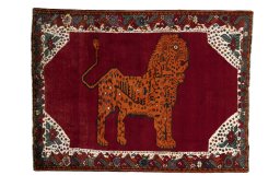 Full view of 2000s Persian Gabbeh rug from Iran / Persia, 202 × 151 cm in Red tones