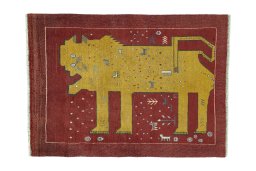 Full view of 2000s Persian Gabbeh rug from Iran / Persia, 140 × 102 cm in Red tones