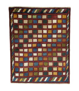 Full view of 2000s Persian Gabbeh rug from Iran / Persia, 132 × 105 cm in Red tones