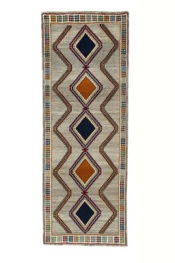 Full view of 2000s Persian Gabbeh rug from Iran / Persia, 282 × 104 cm in Gray tones