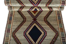 Full view of 2000s Persian Gabbeh rug from Iran / Persia, 282 × 104 cm in Gray tones