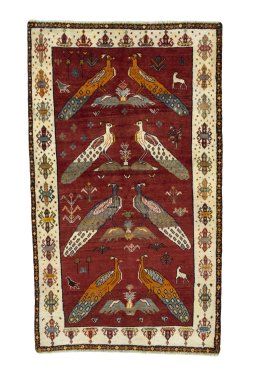 Full view of 2000s Persian Gabbeh rug from Iran / Persia, 222 × 132 cm in Red tones