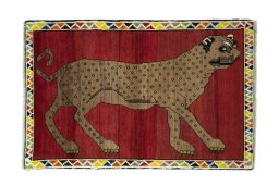 Full view of 2000s Persian Gabbeh rug from Iran / Persia, 157 × 105 cm in Red tones