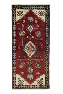 Full view of 2000s Persian Gabbeh rug from Iran / Persia, 181 × 83 cm in Red tones