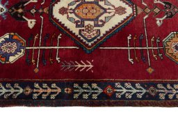 Full view of 2000s Persian Gabbeh rug from Iran / Persia, 181 × 83 cm in Red tones
