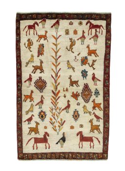 Full view of 2000s Persian Gabbeh rug from Iran / Persia, 187 × 120 cm in Beige tones