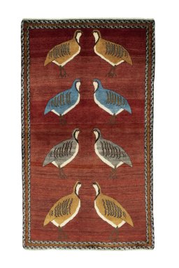 Full view of 2000s Persian Gabbeh rug from Iran / Persia, 215 × 124 cm in Red tones