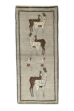 Full view of 2000s Persian Gabbeh rug from Iran / Persia, 213 × 95 cm in Gray tones