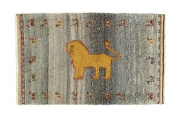 Full view of 2000s Persian Gabbeh rug from Iran / Persia, 135 × 85 cm in Gray tones