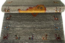 Full view of 2000s Persian Gabbeh rug from Iran / Persia, 135 × 85 cm in Gray tones