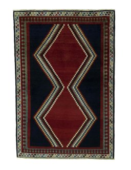 Full view of 2000s Persian Gabbeh rug from Iran / Persia, 167 × 112 cm in Red tones