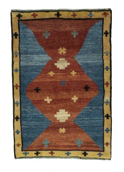 Full view of 2000s Persian Gabbeh rug from Iran / Persia, 148 × 102 cm in Red tones