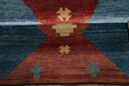 Full view of 2000s Persian Gabbeh rug from Iran / Persia, 148 × 102 cm in Red tones