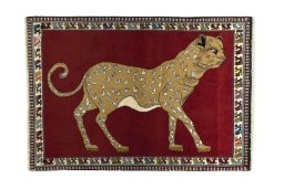 Full view of 2000s Persian Gabbeh rug from Iran / Persia, 147 × 103 cm in Red tones