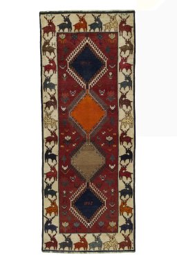 Full view of 2000s Persian Gabbeh rug from Iran / Persia, 256 × 100 cm in Red tones