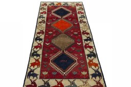 Surface texture of 2000s Persian Gabbeh rug with natural Wool and intricate pattern