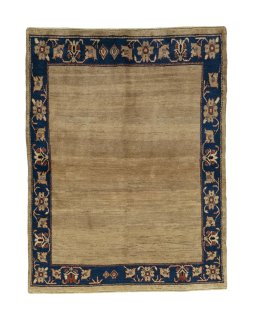 Full view of 2000s Persian Gabbeh rug from Iran / Persia, 190 × 145 cm in Beige tones