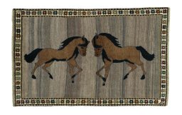 Full view of 2000s Persian Gabbeh rug from Iran / Persia, 212 × 133 cm in Gray tones