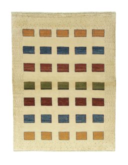Full view of 2000s Persian Gabbeh rug from Iran / Persia, 200 × 153 cm in Beige tones
