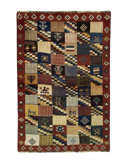 Full view of 2000s Persian Gabbeh rug from Iran / Persia, 160 × 108 cm in Multi Color tones
