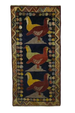 Full view of 2000s Persian Gabbeh rug from Iran / Persia, 215 × 106 cm in Blue tones