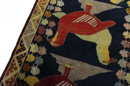 Backside of handmade 2000s Persian Gabbeh rug showing knot structure and weave density