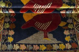 Full view of 2000s Persian Gabbeh rug from Iran / Persia, 215 × 106 cm in Blue tones