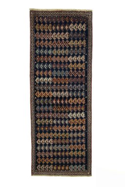 Full view of 2000s Persian Gabbeh rug from Iran / Persia, 223 × 83 cm in Blue tones