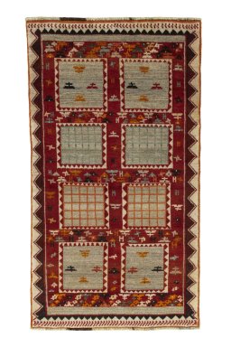 Full view of 2000s Persian Gabbeh rug from Iran / Persia, 190 × 107 cm in Beige tones