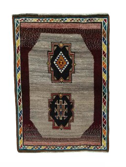 Full view of 2000s Persian Gabbeh rug from Iran / Persia, 140 × 100 cm in Gray tones