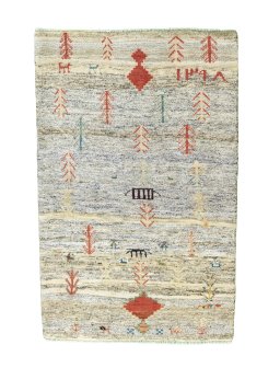 Full view of 2000s Persian Gabbeh rug from Iran / Persia, 164 × 106 cm in Multi Color tones