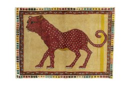 Full view of 2000s Persian Gabbeh rug from Iran / Persia, 150 × 110 cm in Yellow tones
