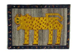 Full view of 2000s Persian Gabbeh rug from Iran / Persia, 138 × 101 cm in Gray tones