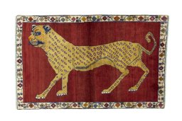 Full view of 2000s Persian Gabbeh rug from Iran / Persia, 172 × 109 cm in Red tones