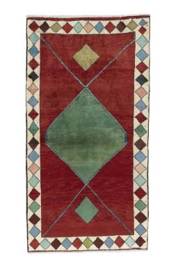 Full view of 2000s Persian Gabbeh rug from Iran / Persia, 187 × 99 cm in Red tones