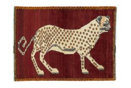 Full view of 2000s Persian Gabbeh rug from Iran / Persia, 147 × 108 cm in Red tones