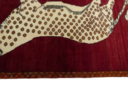 Close-up detail of 2000s Persian Gabbeh rug from Iran / Persia showing Wool weave