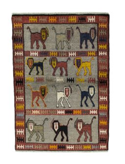 Full view of 2000s Persian Gabbeh rug from Iran / Persia, 151 × 107 cm in Gray tones