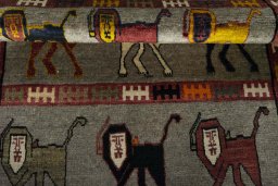 Full view of 2000s Persian Gabbeh rug from Iran / Persia, 151 × 107 cm in Gray tones