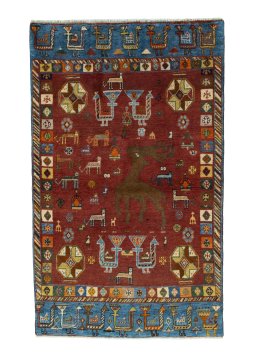 Full view of 2000s Persian Gabbeh rug from Iran / Persia, 164 × 100 cm in Red tones